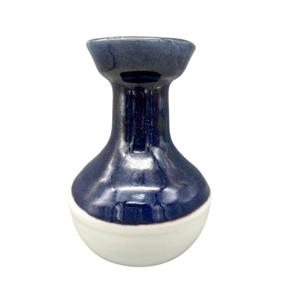 Art Studio Pottery Two-Tone Ceramic Vase In Blue & White Glaze 5.25"H Minimalist - Picture 3 of 9